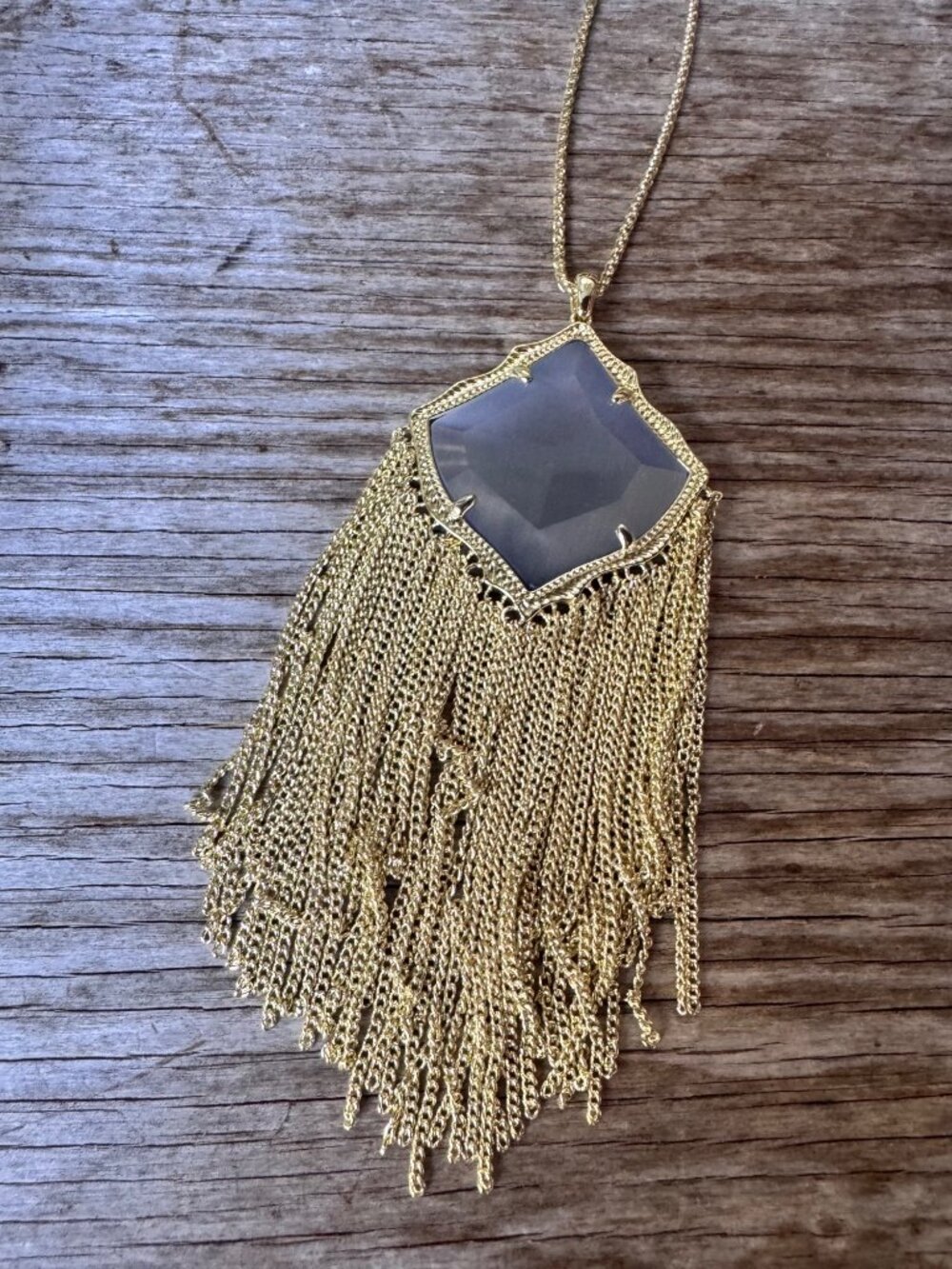 Kendra Scott Kingston Gold Tone Long Fringe Pendant Necklace Slate Cat’s Eye 32” - Picture 2 of 6